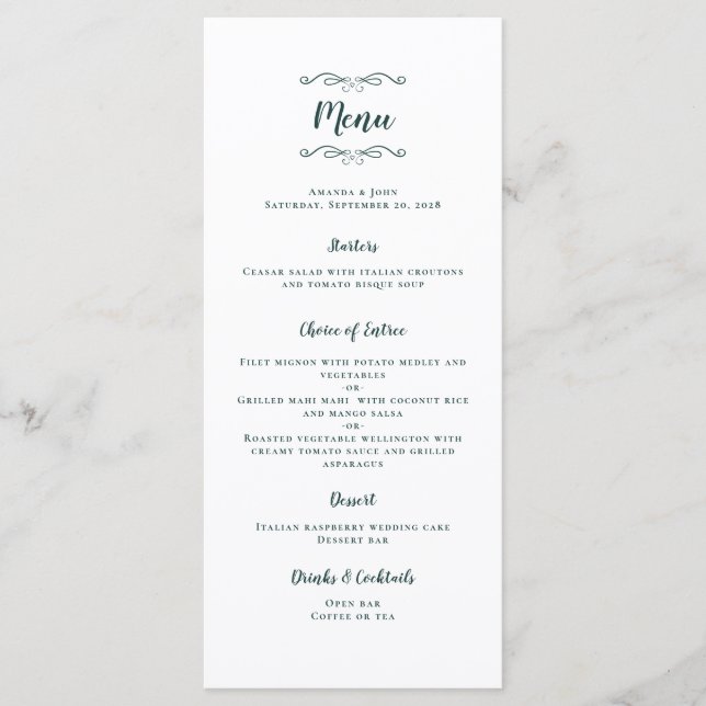 Menu Cardápio de Casamento de Caligrafia Esmeralda Eleg (Frente)