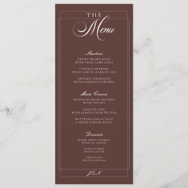 Menu Cardápio de Casamento de Caligrafia Marrom Marfim  (Frente)