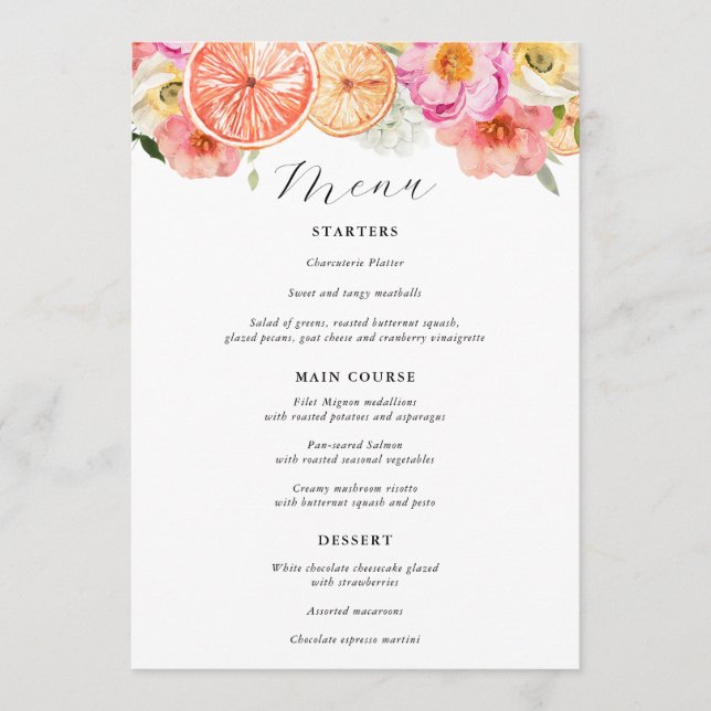 Menu Cardápio de casamento de citrus rosa brilhante (Frente)
