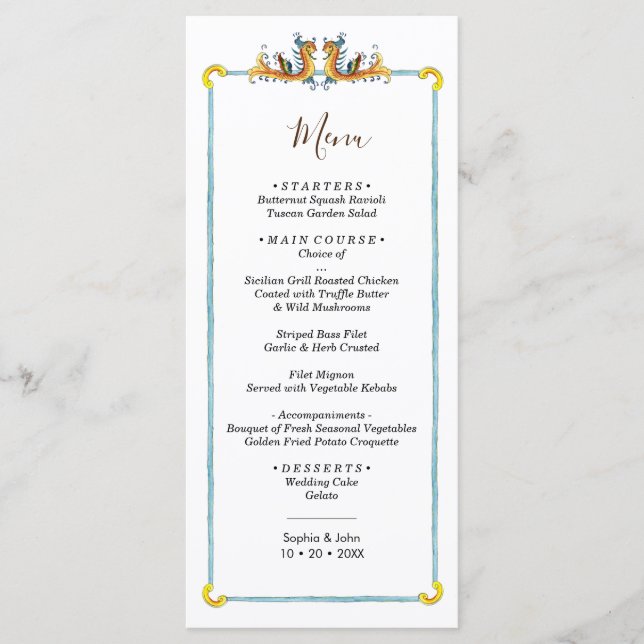 Menu cardápio de casamento de design italiano (Frente)