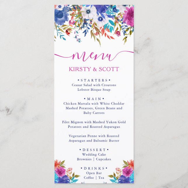 Menu Cardápio de Casamento de Flores de Verão em Aquare (Frente)