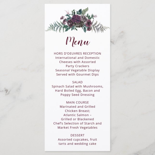 Menu Cardápio de Casamento de Flores em Aquarela Burgun (Frente)