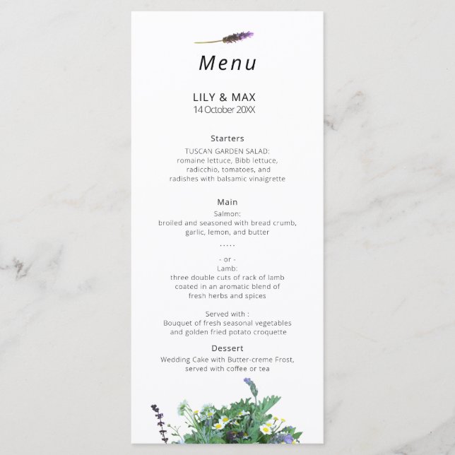 Menu Cardápio de Casamento de Flores Silvestres Botânic (Frente)