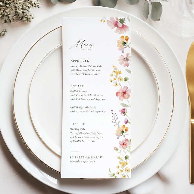 Menu Cardápio de Casamento de Flores Silvestres do Prad (Elegant boho meadow wildflower wedding menu with soft pastel florals and refined serif typography)