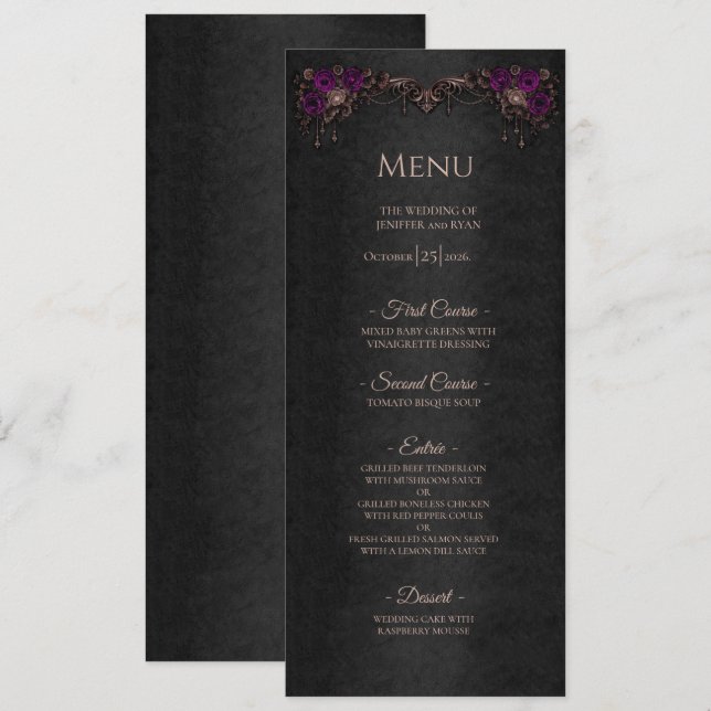 Menu Cardápio de casamento de Halloween gótico floral e (Frente/Verso)