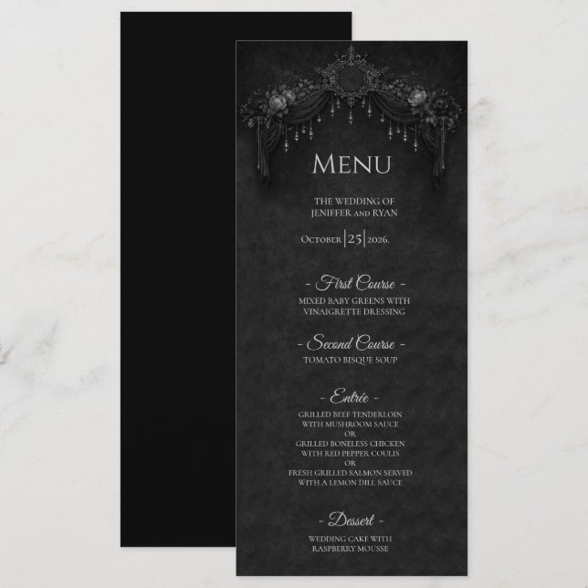 Menu Cardápio de casamento de Halloween gótico floral e (Frente/Verso)