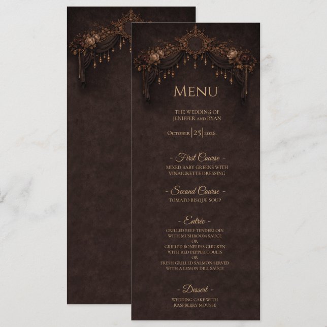 Menu Cardápio de casamento de Halloween gótico floral e (Frente/Verso)