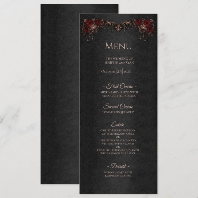 Menu Cardápio de casamento de Halloween gótico floral e (Frente/Verso)