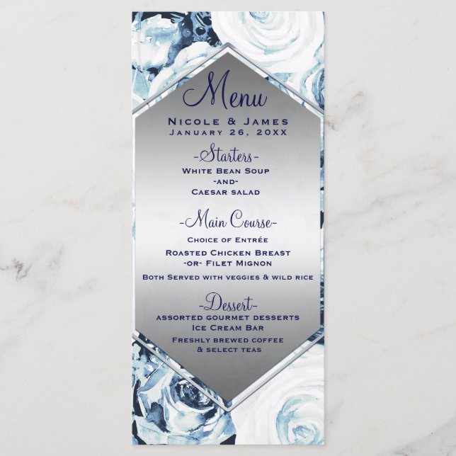Menu Cardápio de Casamento de Inverno Azul Branco Prata (Frente)