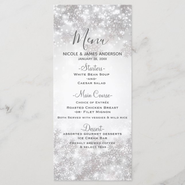 Menu Cardápio de Casamento de Inverno com Flocos de Nev (Frente)
