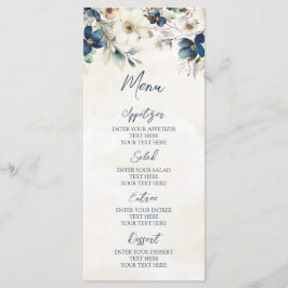 Menu Cardápio de Casamento de Inverno Floral Azul Elega