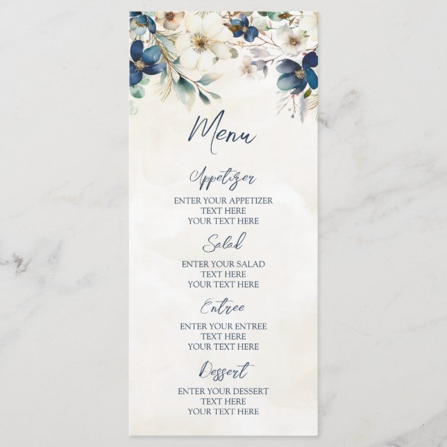 Menu Cardápio de Casamento de Inverno Floral Azul Elega (Frente)
