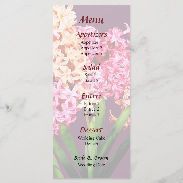 Menu Cardápio de Casamento de Jacintos Laranja e Rosa (Frente)