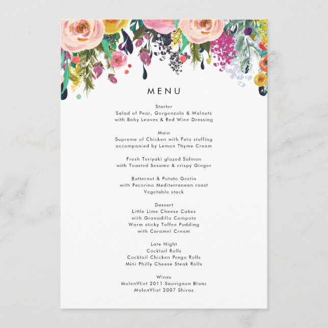 Menu Cardápio de Casamento de Jardim de Flores em Aquar (Frente)
