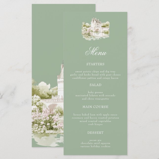 Menu Cardápio de Casamento de Jardim em Mansão com Aqua (Frente/Verso)