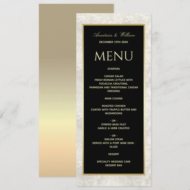 Menu Cardápio de Casamento de Mármore Preto e Branco (Frente/Verso)