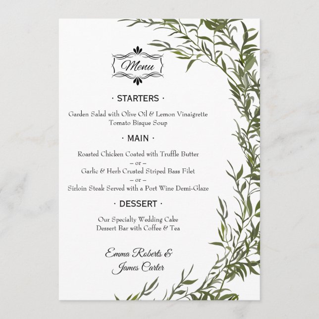 Menu Cardápio de Casamento de Mesa com Elegante Verdura (Frente)