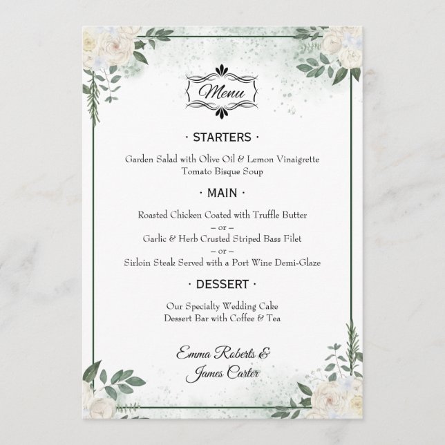 Menu Cardápio de Casamento de Mesa com Vegetação Elegan (Frente)