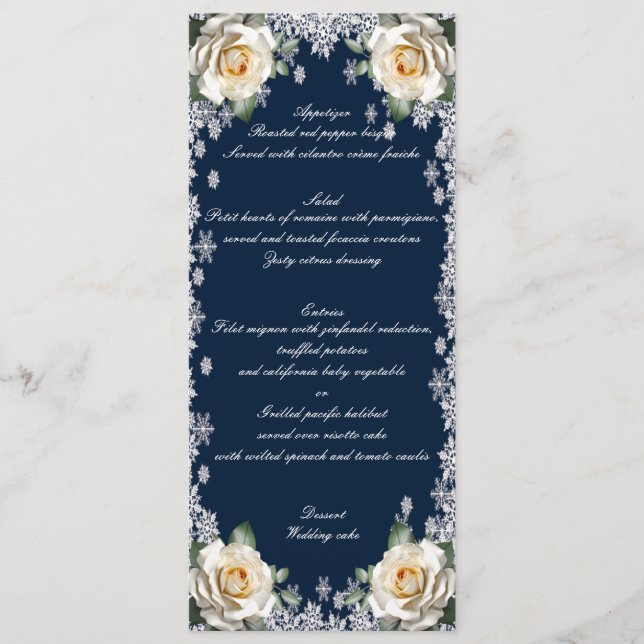 Menu Cardápio de casamento de Natal com flocos de neve  (Frente)