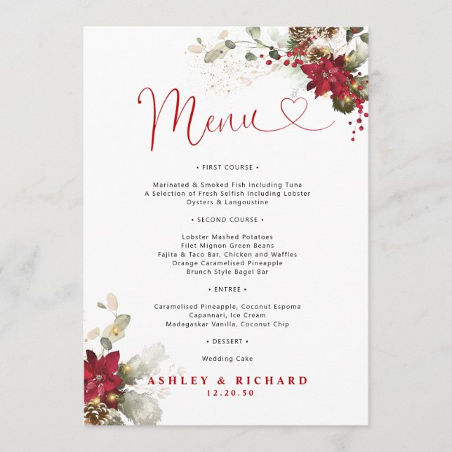 Menu Cardápio de Casamento de Natal com Florais Vermelh (Frente)