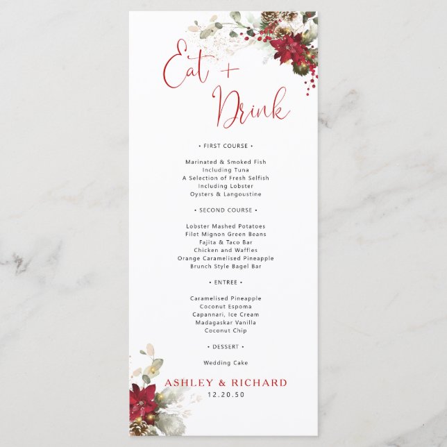 Menu Cardápio de Casamento de Natal com Floral Vermelho (Frente)