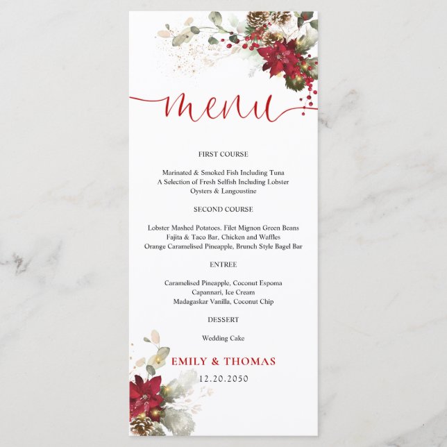 Menu Cardápio de Casamento de Natal com Flores Vermelha (Frente)
