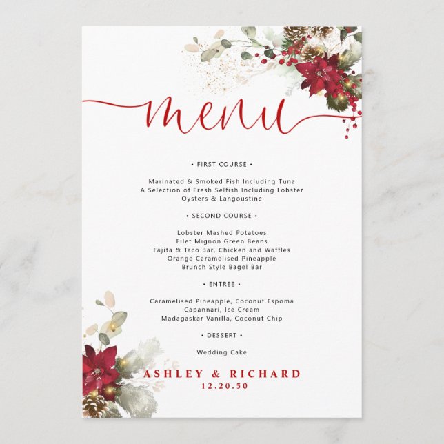 Menu Cardápio de Casamento de Natal com Flores Vermelha (Frente)