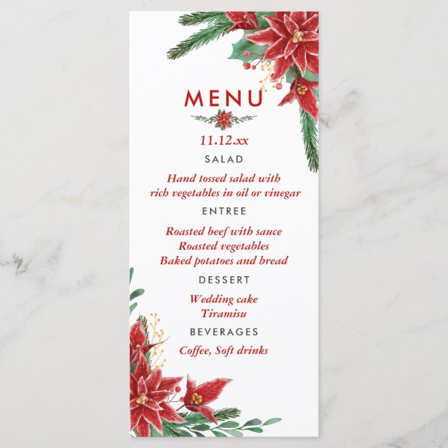 Menu Cardápio de Casamento de Natal com Poinsettia Verm (Frente)