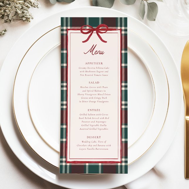 Menu Cardápio de Casamento de Natal Xadrez | Tartan de  (Burgundy green plaid Christmas wedding menu with red bow, elegant winter dinner design)
