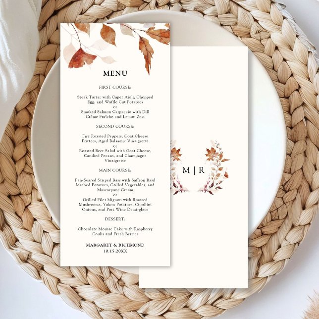 Menu Cardápio de Casamento de Outono com Folhas de Terr (Criador carregado)
