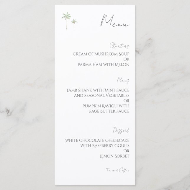 Menu Cardápio de Casamento de Palma em Aquarela Minimal (Frente)