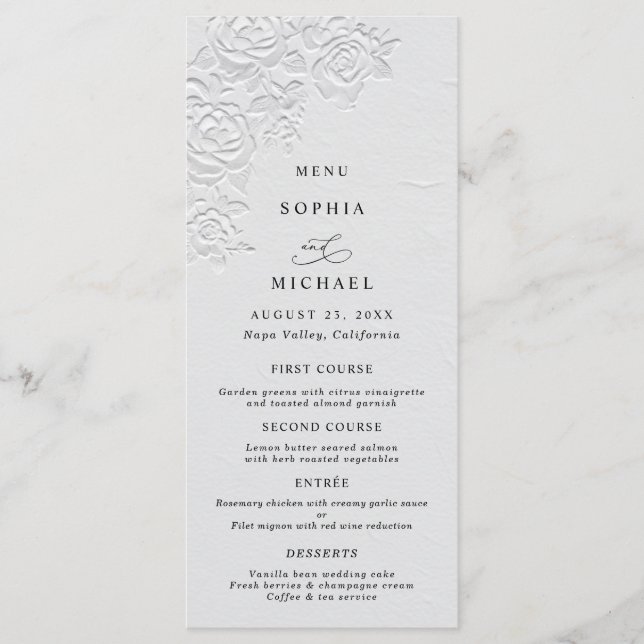 Menu Cardápio de casamento de rosas brancas com relevo  (Frente)