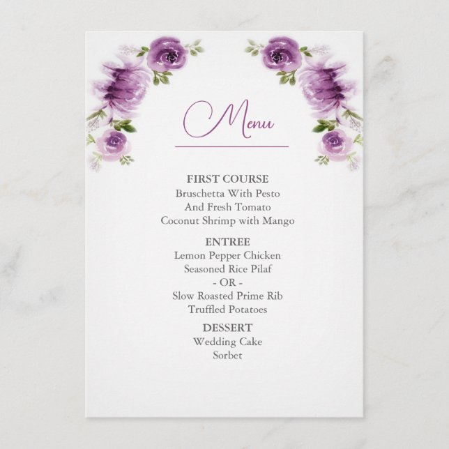 Menu Cardápio de Casamento de Rosas e Peônias Fuchsia e (Frente)
