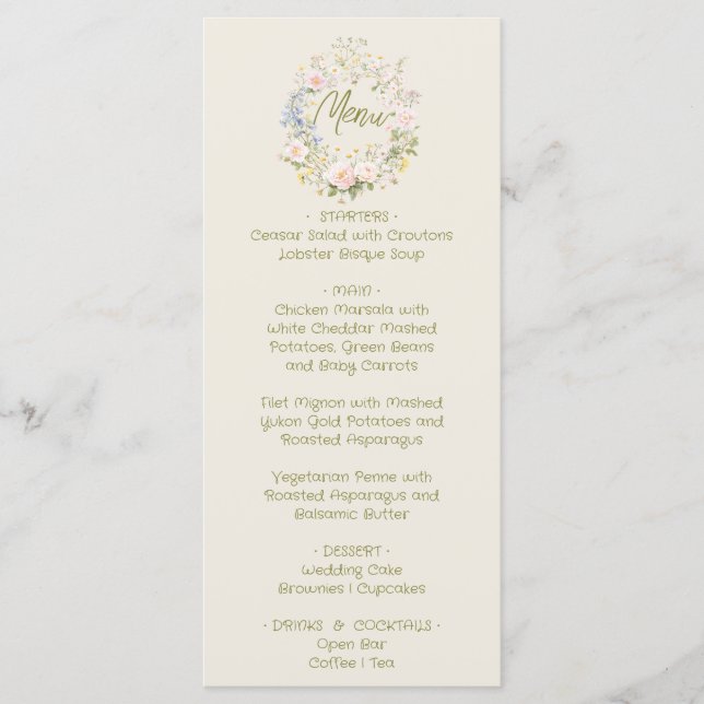 Menu Cardápio de Casamento de Verão com Desenho Floral  (Frente)