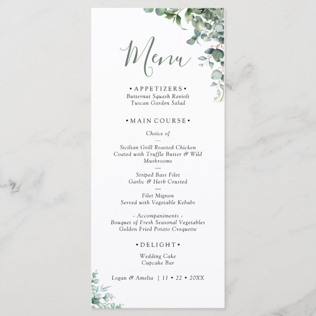 Menu Cardápio de Casamento de Verdejante Eucalipto Eleg (Frente)