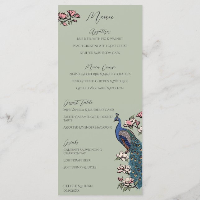 Menu Cardápio de Casamento Desenhado à Mão em Verde Sal (Frente)