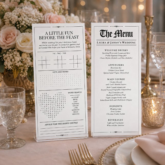 Menu Cardápio de Casamento Divertido com Jornal de Jogo (Custom Wedding Menu with Wedding Games Newspaper, Black and White Menu for Wedding)