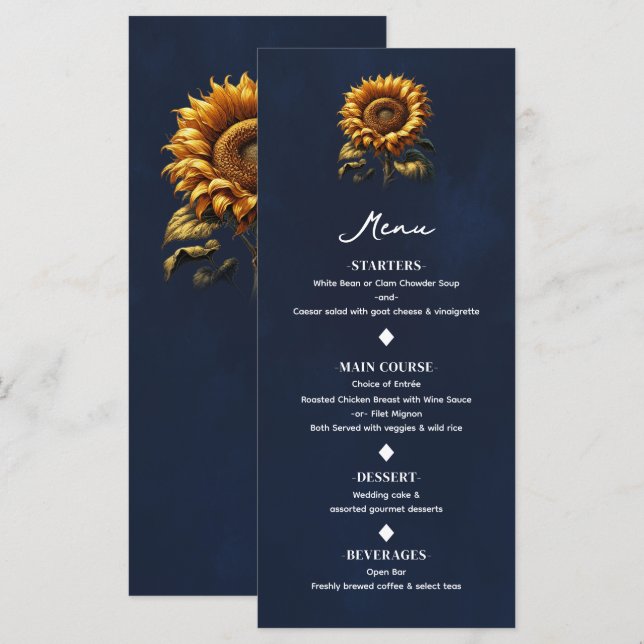 Menu Cardápio de Casamento do Girassol Rústico Azul (Frente/Verso)