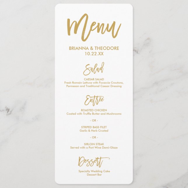Menu Cardápio de Casamento Dourado com Letras à Mão Chi (Frente)