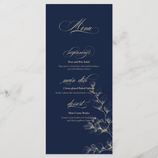 Menu Cardápio de Casamento Dourado e Azul Marinho (Frente)