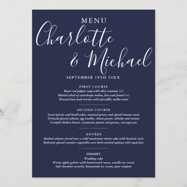 Menu Cardápio de Casamento Elegante Azul Marinho com Le (Frente)