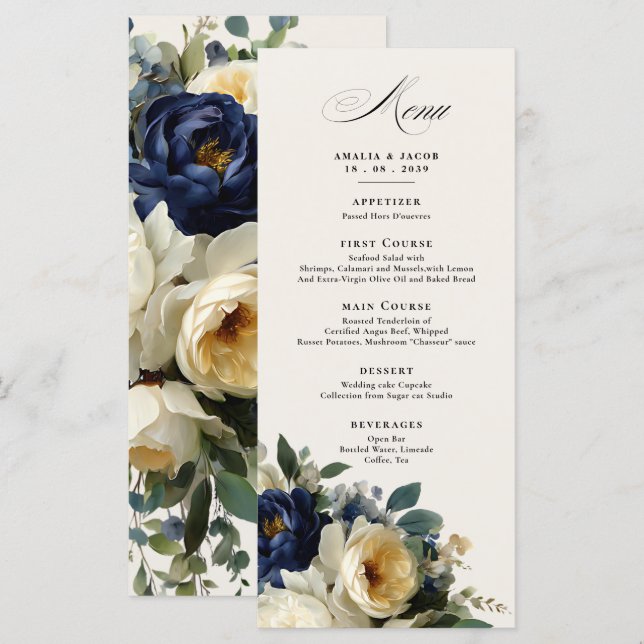 Menu Cardápio de Casamento Elegante Azul-Navy com Detal (Frente/Verso)