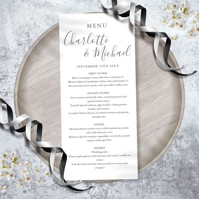 Menu Cardápio de Casamento Elegante Cinza e Branco com  (Elegant Gray And White Signature Wedding Menu)