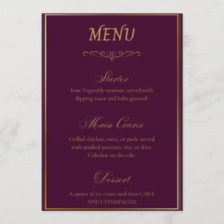 Menu Cardápio de Casamento Elegante Cisne Roxo e Dourad