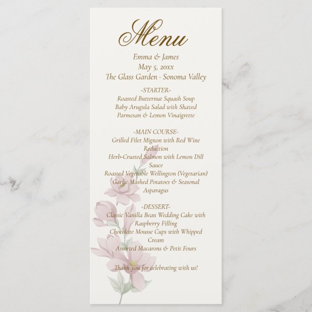 Menu Cardápio de Casamento Elegante Clássico com Florai (Frente)