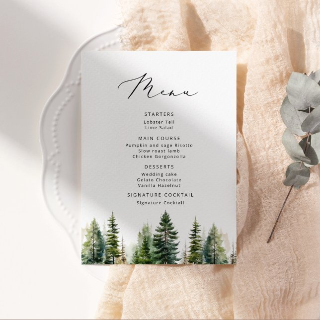 Menu Cardápio de casamento elegante com árvore de pinhe (Criador carregado)