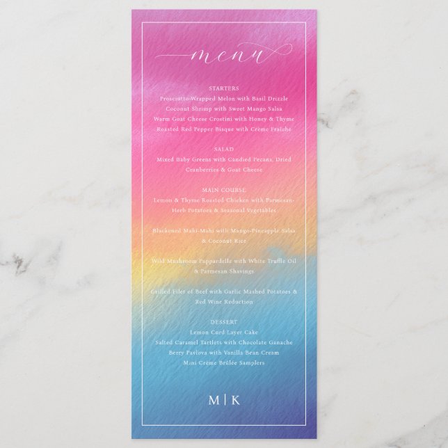 Menu Cardápio de Casamento Elegante com Gradiente Rosa  (Frente)