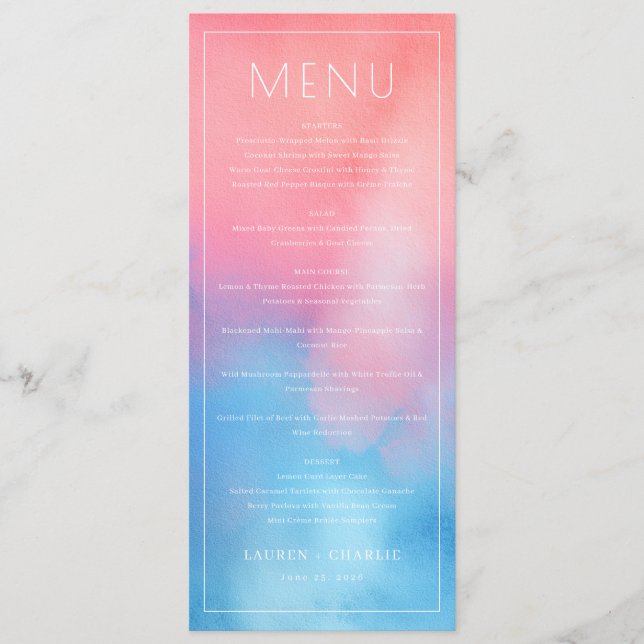 Menu Cardápio de Casamento Elegante com Gradiente Rosa  (Frente)