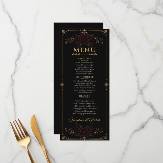 Menu Cardápio de Casamento Elegante Dark Gothic (Frente/Verso In Situ)