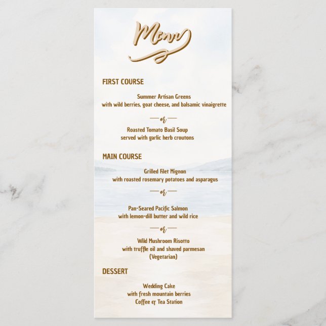 Menu Cardápio de casamento elegante de montanha e lago (Frente)